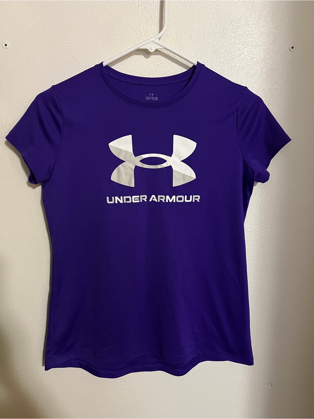 UNDER ARMOUR Classic Athletic Athleisure Logo Casual T Shirt Purple White Girl L